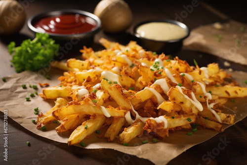 Delicious golden hash brown fries on rustic kitchen table photo
