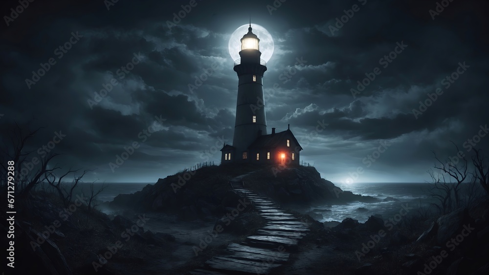 Fantasy lighthouse on a dark night. 4K - 8K - 12K TV. Generative AI.