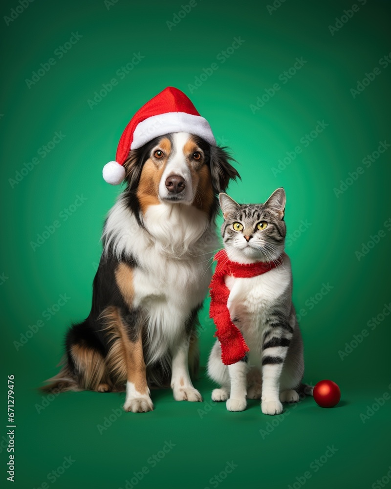 Christmas-themed portrait of a dog in a Santa hat and a cat in a red scarf.