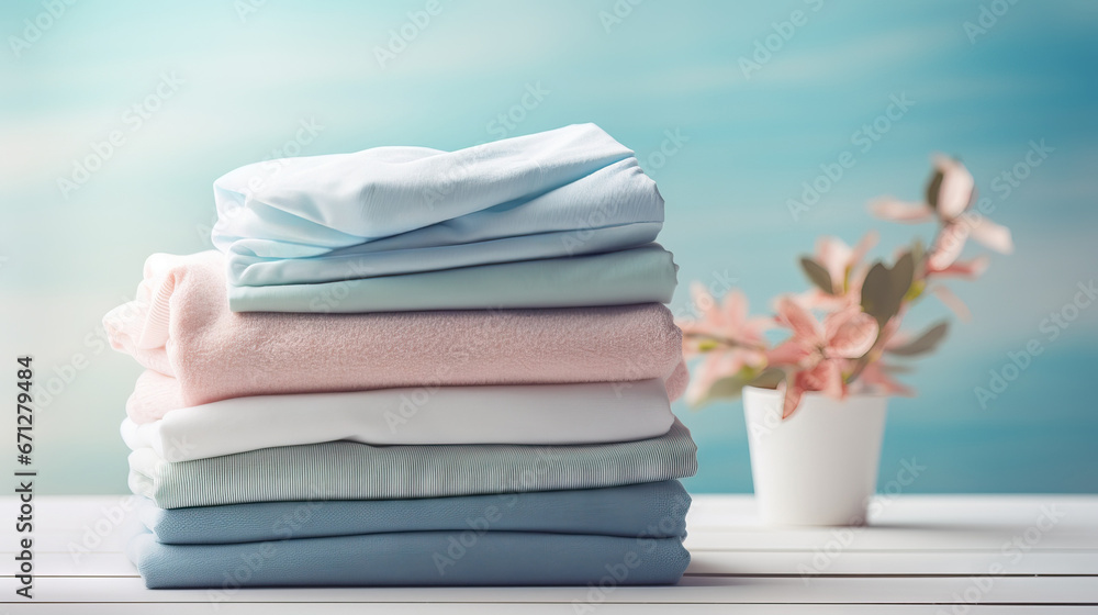 Stack of freshly folded colored knitwear on a light background. Stack of freshly folded colored knitwear on a light background.