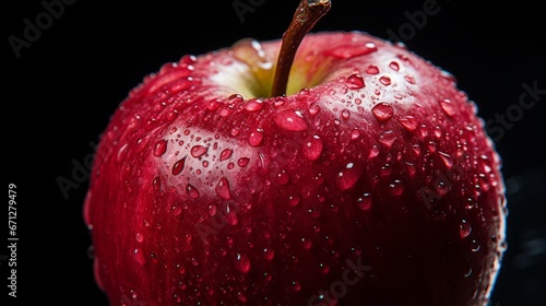 Macro shot – apple; explore the glossy surface of the apple, reflecting the ambient light. capture the subtle variations around the stalk and any unique blemishes that add character to the fruit
