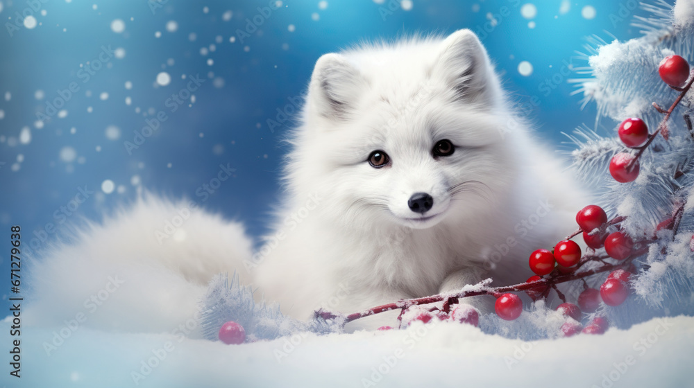 Obraz premium Mesmerizing white fox gazes gently, surrounded by winter's embrace, highlighted by vibrant crimson berries.