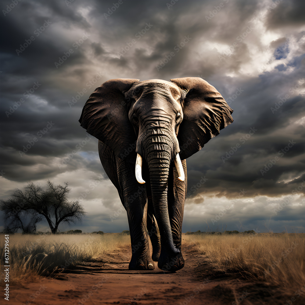 A majestic African elephant crossing a dirt road in stormy weather