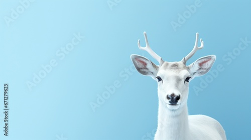 Graceful fawn standing poised against a soft blue backdrop, showcasing its delicate features.
