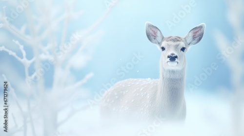 Delicate deer in a winter wonderland  glancing with innocence against a backdrop of icy trees.