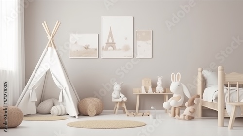 Wallpaper Mural Newborn baby room. Stylish Scandinavian newborn baby room with brown wooden mock up poster frame, toys, plush animal and child accessories. Decor concept. Kids concept. Interior concept. Design concep Torontodigital.ca