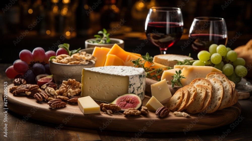Cheese assortment on wood marble cutting board with red wine.
