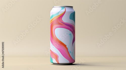 A can of soda with a colorful swirl design