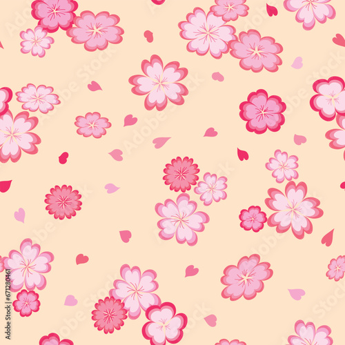 A Buttery-Yellow Background Shows off Piles of Hearts that Come Together to Make a Pink Flower Scattered with Tiny Pink Hearts to Create a Vector Seamless Repeat Pattern Design for Valentine's Day