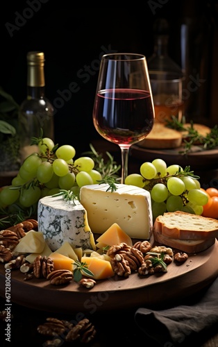 Cheese platter with grapes, nuts and wine on dark background