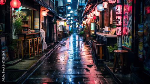 Rain-soaked alley with glowing Japanese lanterns, generative ai