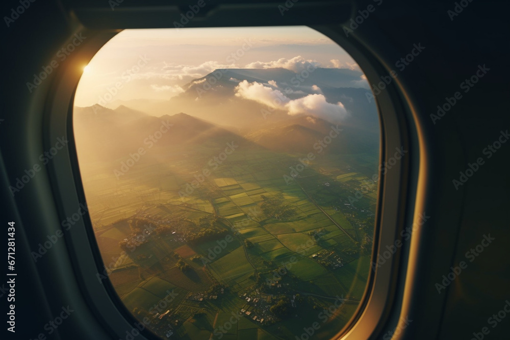 A view from the window of an airplane. Flying over the ground, view over an abyss, flying . Beautiful scenic view of sunset through aircraft window. Image save-path for window airplane. A view from the window of an airplane. Flying over the ground, view over an abyss, flying . Beautiful scenic view of sunset through aircraft window. Image save-path for window airplane.