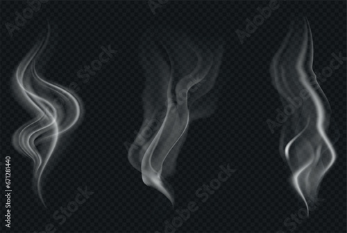 Set of realistic transparent smoke or steam in white and gray colors, for use on dark background. Transparency only in vector format