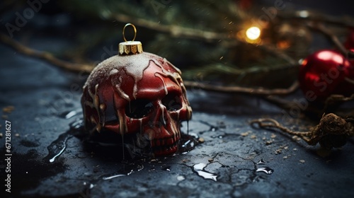 A skull ornament with a christmas tree and candles, AI