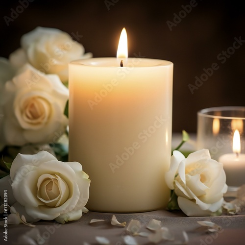A captivating photograph showcasing the soft  warm glow of burning candle