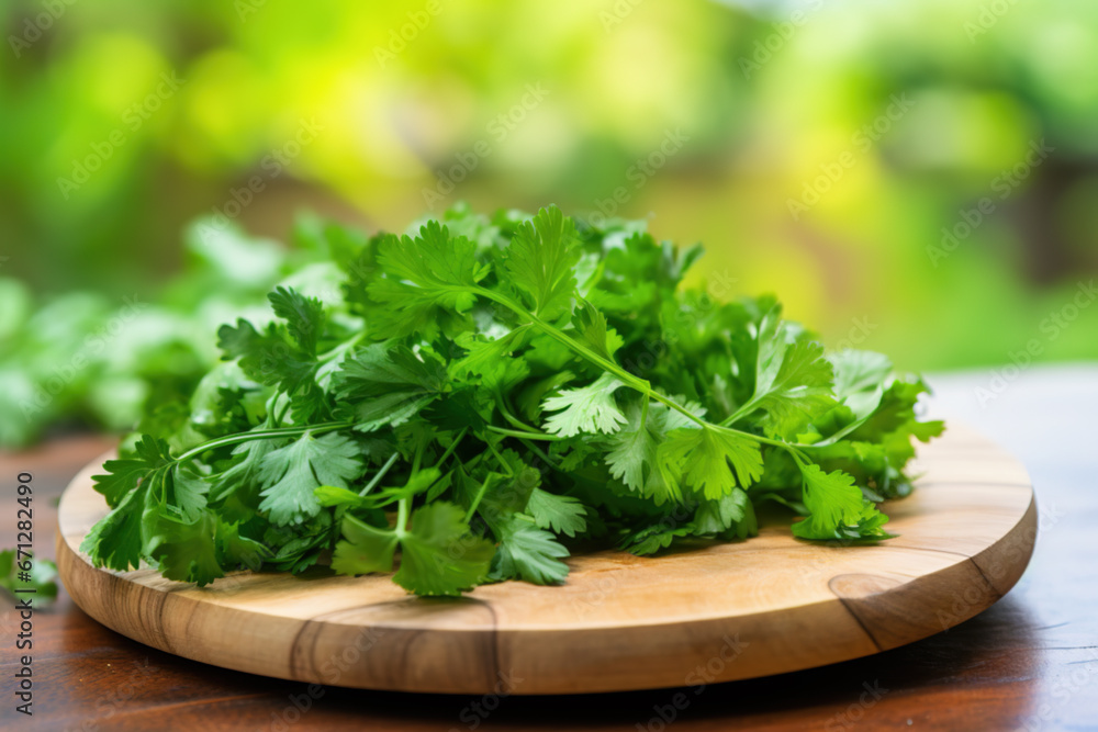 A bunch of fresh, vibrant green parsley on a thin wooden plate with a slightly blurred background A bunch of fresh, vibrant green parsley on a thin wooden plate with a slightly blurred background