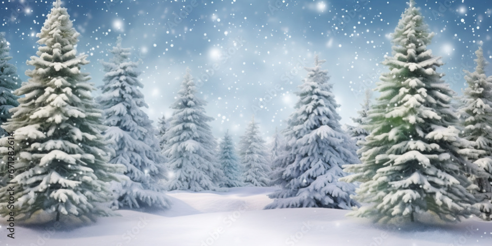 Snowy christmas tree background. Winter forest.