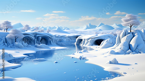 Winter landscape with icy caverns and river, generative ai