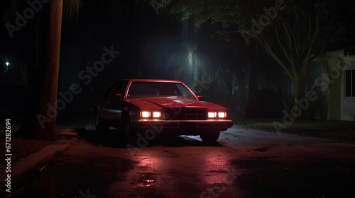 Red vintage car parked at night in misty street, generative ai
