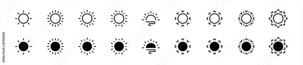 Sun icon set in line style, sunshine in flat style, solar glow, sunrise, sunset, sunlight, energy, Brightness simple black symbol sign for apps, UI, and website, vector illustration - obrazy, fototapety, plakaty 