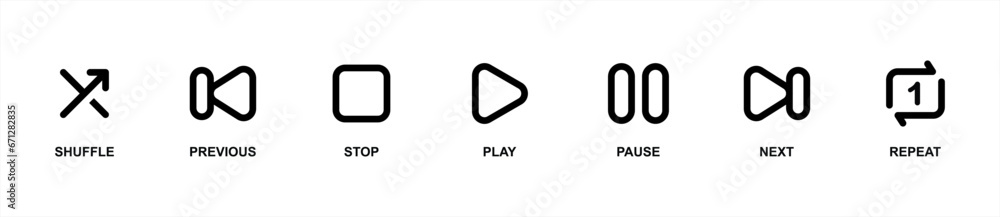 Media music player interface icon set in line style, Multimedia navigation symbol buttons. Video player, stream, Online broadcasting simple black sign for apps, UI, and website Media music player interface icon set in line style, Multimedia navigation symbol buttons. Video player, stream, Online broadcasting simple black sign for apps, UI, and website