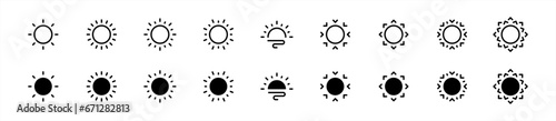 Sun icon set in line style, sunshine in flat style, solar glow, sunrise, sunset, sunlight, energy, Brightness simple black symbol sign for apps, UI, and website, vector illustration