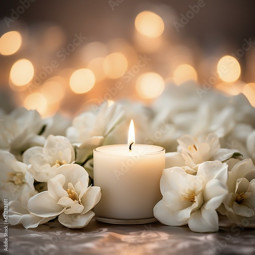 A captivating photograph showcasing the soft warm glow of burning candle