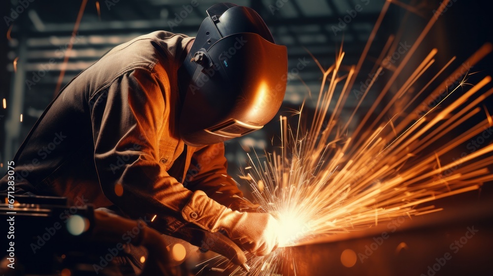 Close-up shots of arc welding with sparks, transitioning into a sleek digital interface Close-up shots of arc welding with sparks, transitioning into a sleek digital interface