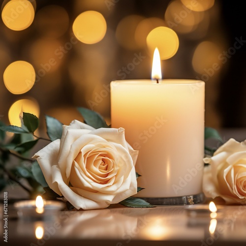 A captivating photograph showcasing the soft warm glow of burning candle