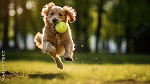 A dog playing fetch with a plastic ball in a dog park