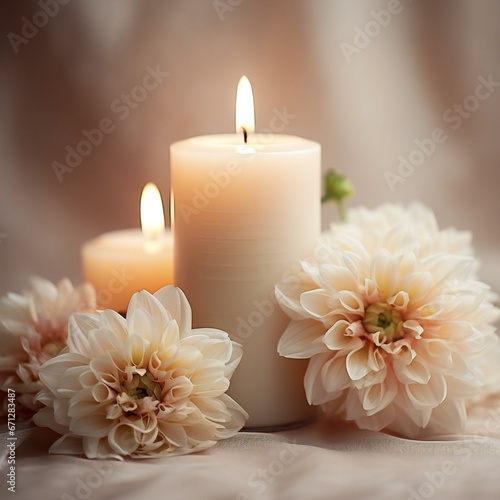 A captivating photograph showcasing the soft warm glow of burning candle