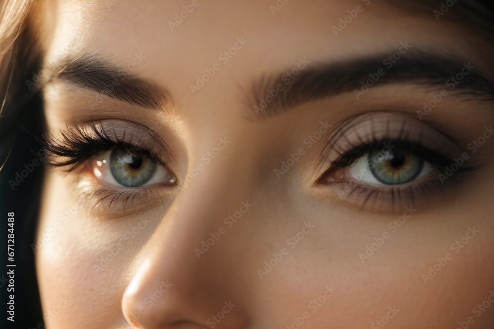 Obraz premium Close-up of stunning green female eyes with perfect trendy eyebrows with contact lenses, fashion eyebrow makeup concept.