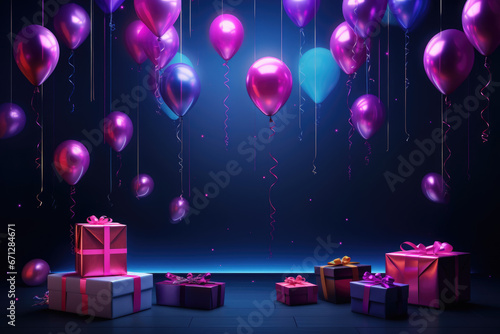 Birthday card with colorful neon balloons and gift boxes on dark background
