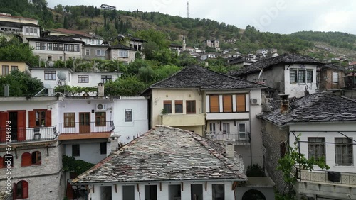 Gjirokaster, Albania, Saturday 12 August 2023 aerial view of the old ancient stone houses amazing summer holidays drones footage cinematography clips