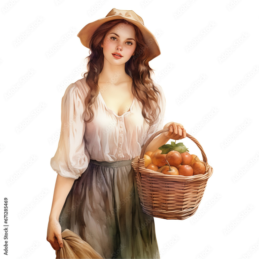Portrait of a young woman carrying a basket with vegetables, white background. Portrait of a young woman carrying a basket with vegetables, white background.