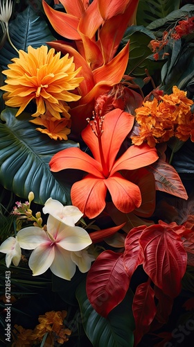 The beauty of juxtaposition. Tropical flowers of varying hues come together to create a mesmerizing contrast against a monochromatic background. Vertical orientation. 