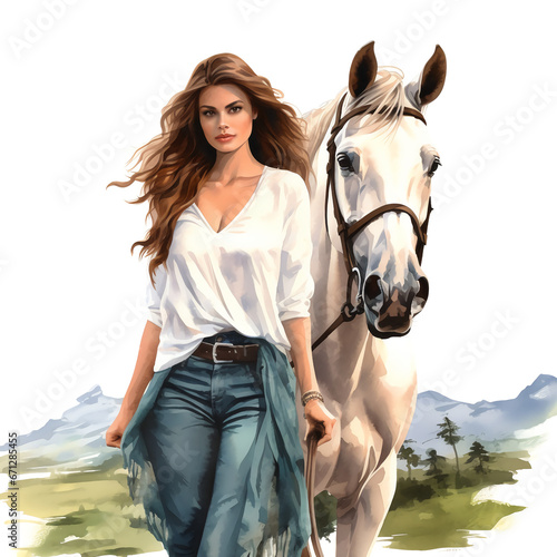 Portrait of a woman and her horse, white background.