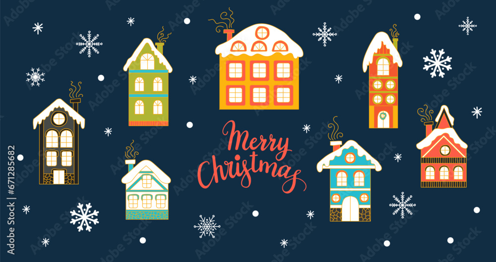 Christmas isolated snowy houses flat collection vector set