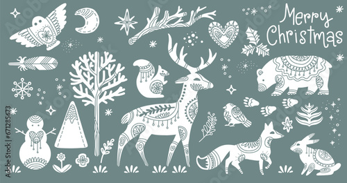 Fototapeta Naklejka Na Ścianę i Meble -  Christmas isolated woodland animals silhouettes vector set