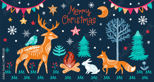 Christmas isolated woodland color animals silhouettes vector set