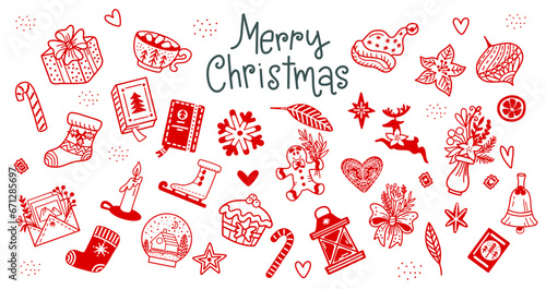 Christmas red elements in doodle style vector set on white