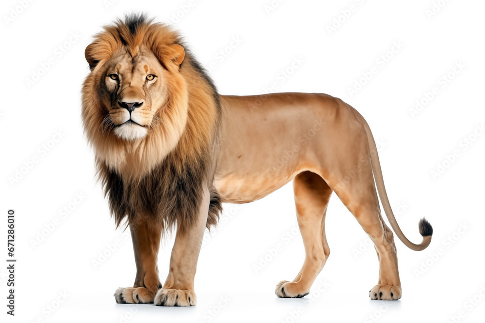 Portrait of lion isolated on white  background. AI generated content.