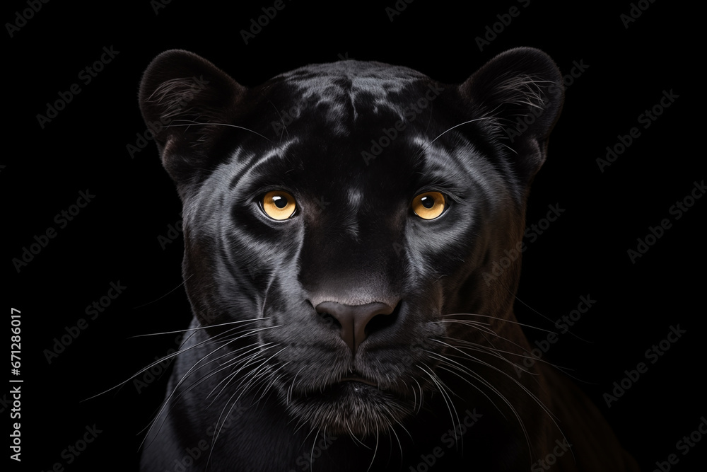 Close-up portrait of black pantera isolated on black background. AI generated content.