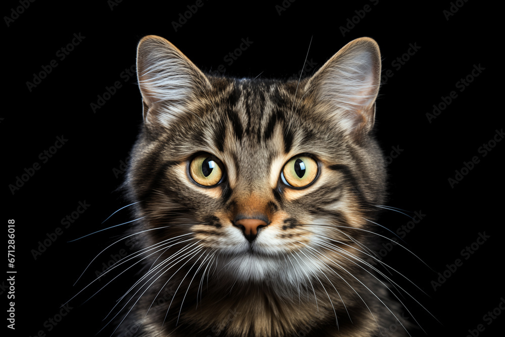 Close-up portrait of domestic cat isolated on black background. AI generated content.