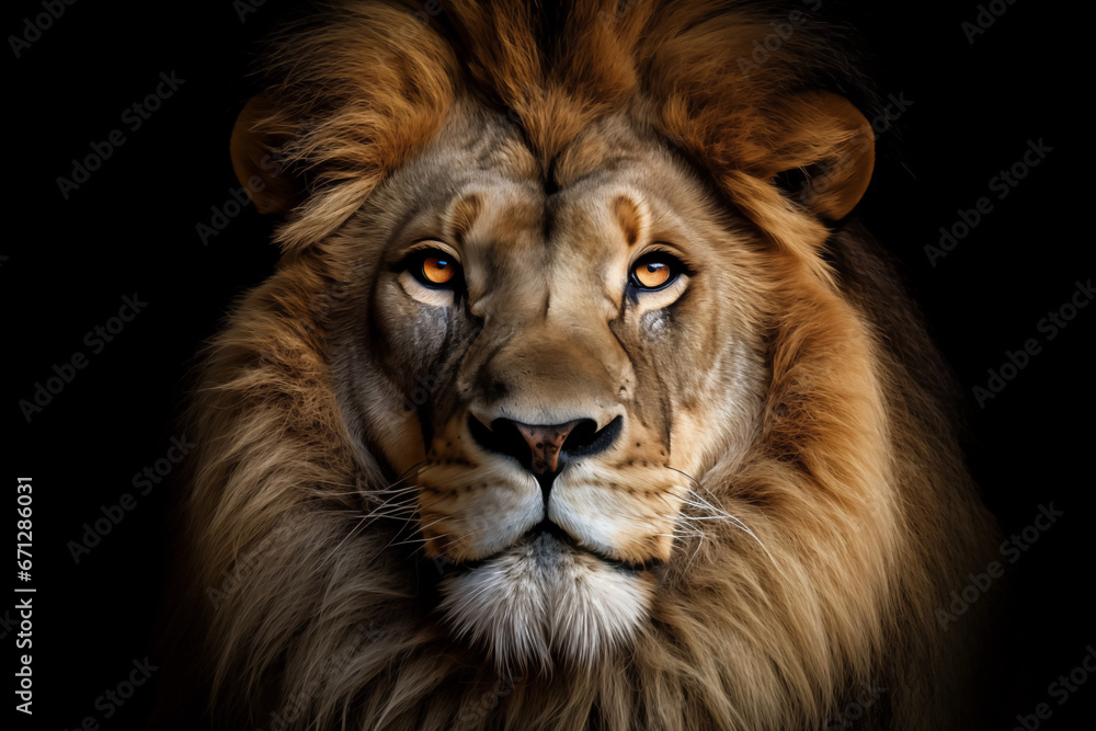 Close-up portrait of lion isolated on black background. AI generated content.