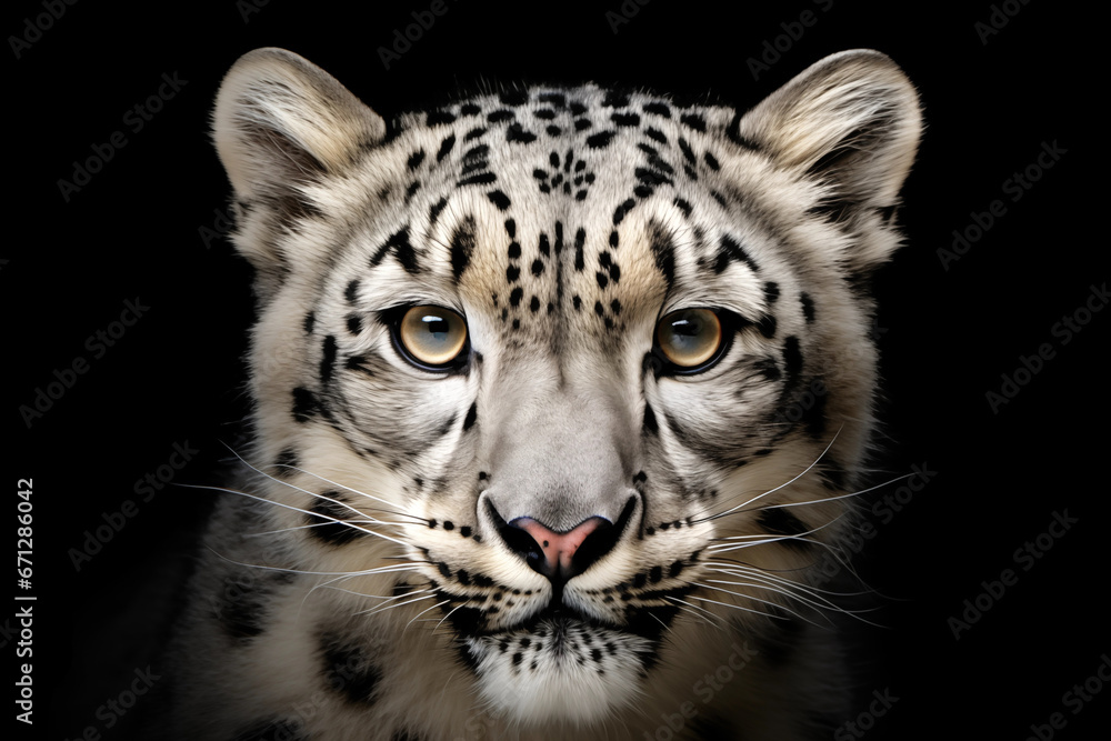 Obraz premium Close-up portrait of snow leopard isolated on black background. AI generated content.