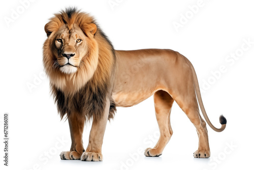 Portrait of lion isolated on white  background. AI generated content.