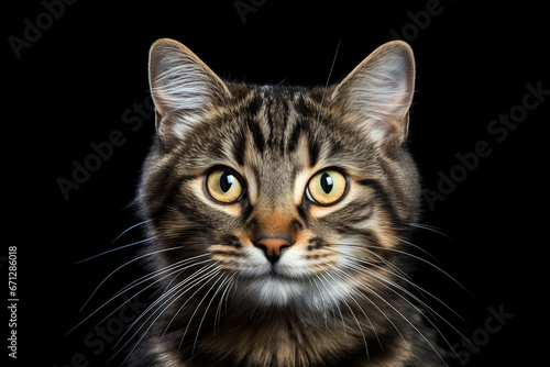 Close-up portrait of domestic cat isolated on black background. AI generated content.