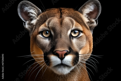 Close-up portrait of puma isolated on black background. AI generated content.