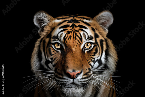Close-up portrait of tiger isolated on black background. AI generated content.